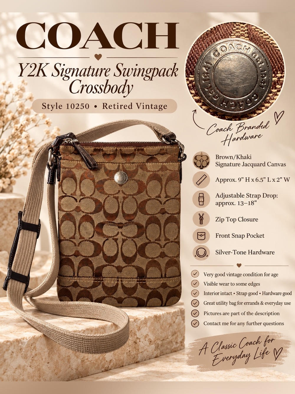 COACH Y2K Signature Swingpack Crossbody Bag Style 10250 – Brown/Khaki Vintage